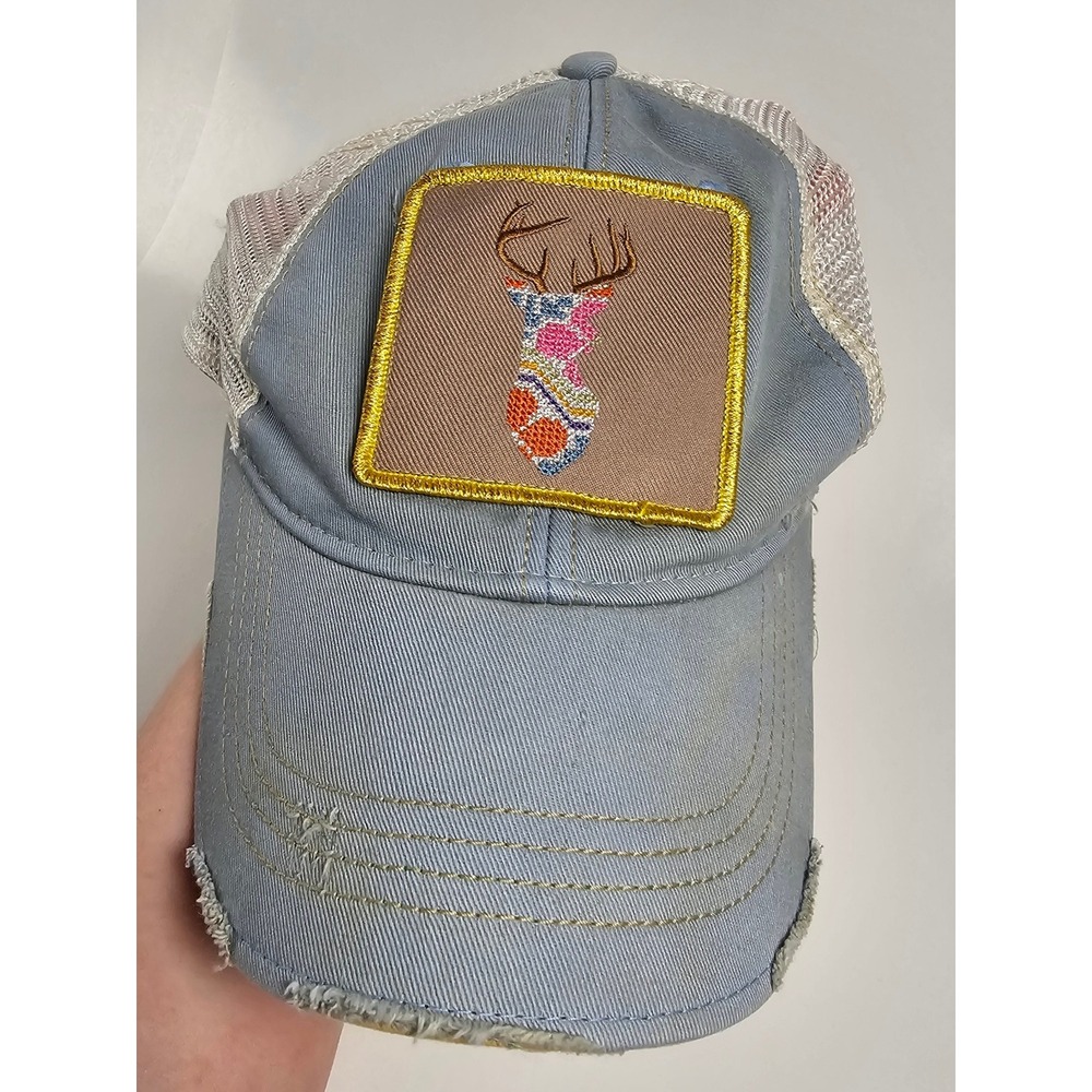 Judith March Deer Patch Trucker Hat Blue Distressed Mesh Snapback Floral Antlers - Picture 3 of 9
